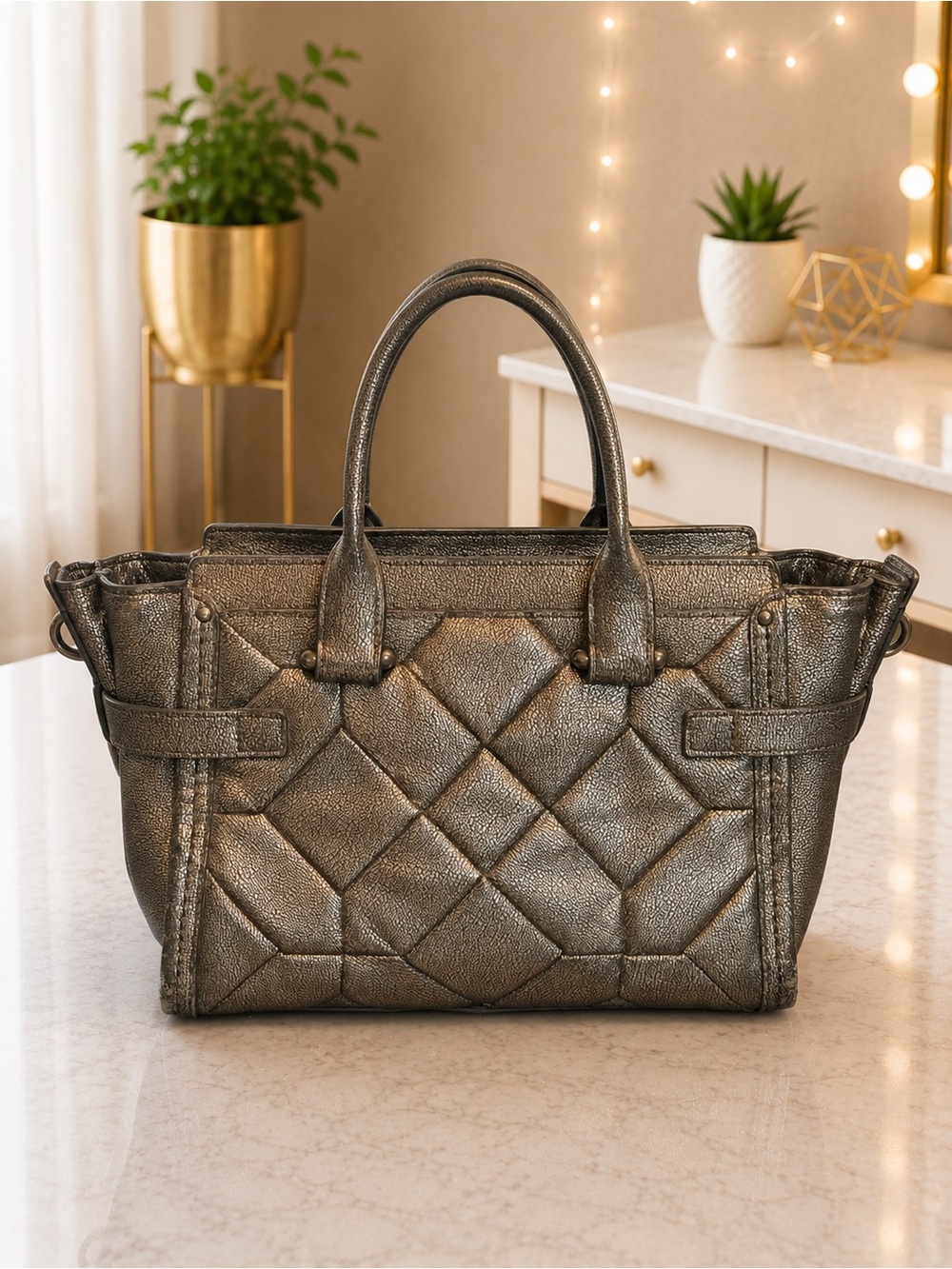 Coach Swagger 27 Metallic Patchwork Gunmetal Pewter Leather Satchel Tote Bag